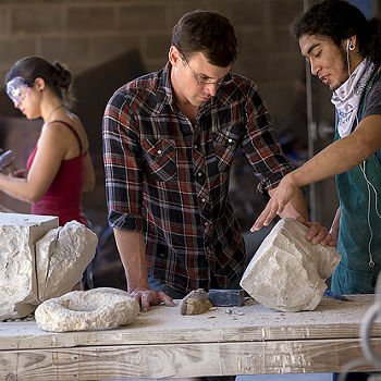 HSU professor and student interacting in art class