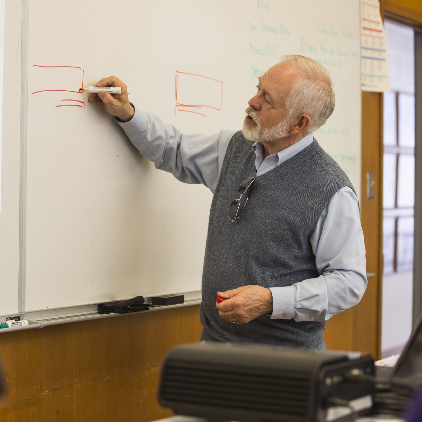 HSU Business professor writing on a white board