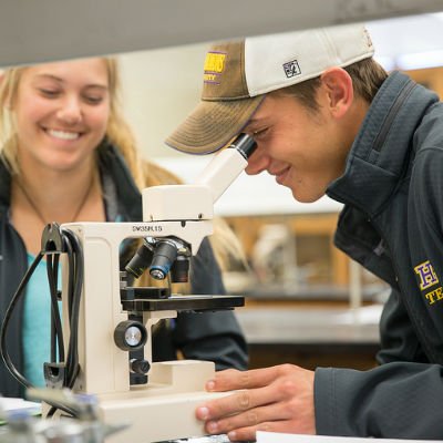 Biology Program student looking through microscope