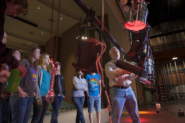 HSU professors showing Theater Program students how to operate the stage lights