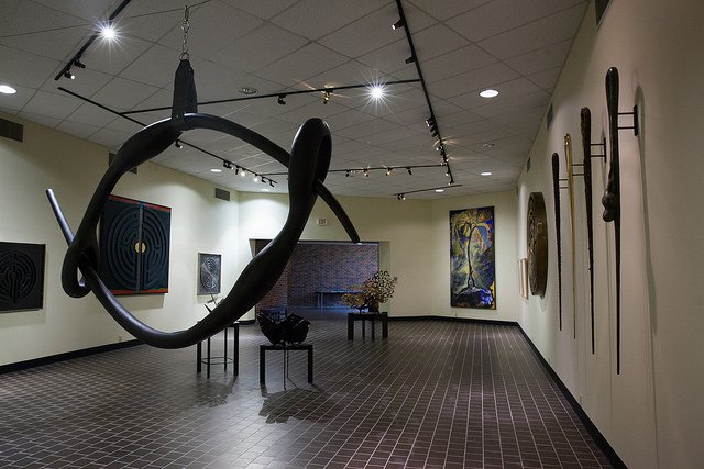 art exhibition with sculpture at Ira M. Taylor Memorial gallery at HSU.