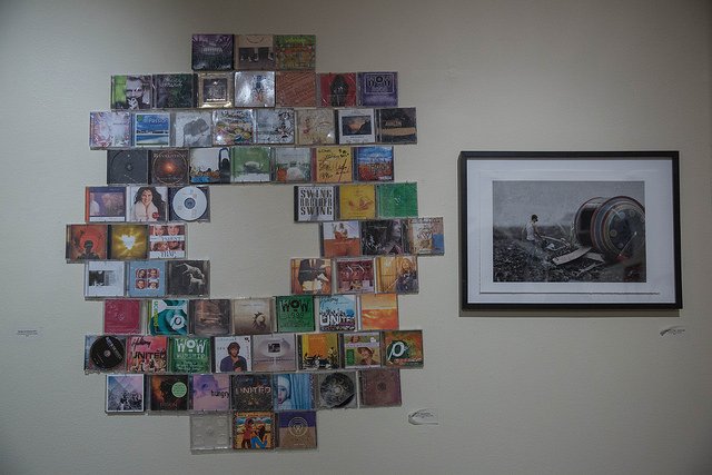 HSU art display created out of CD-ROM albums