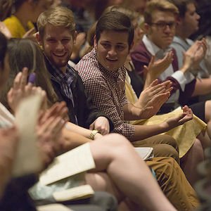 A HSU student sings while another student plays the piano