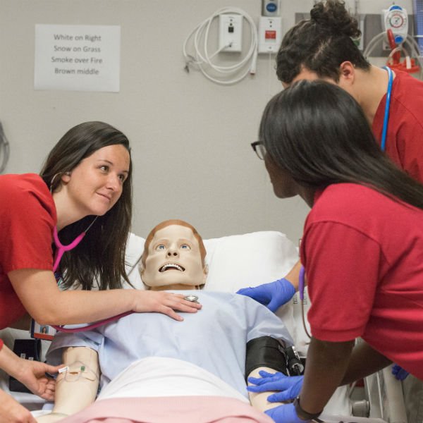 HSU nursing students practicing examining dummy in Health Sciences Class