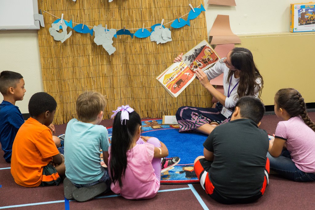 Photo of HSU education student reading to group of young children.
