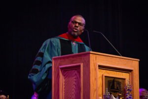 Dr. Michael Evans speaks during Convocation 2018
