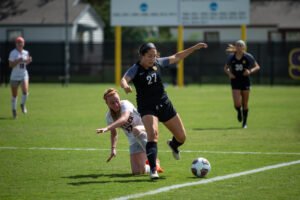 Sophomore midfielder Elly Green plays hard against UT Tyler on Sept 29