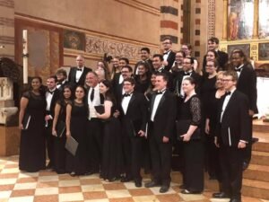 The Hardin-Simmons student choir in formal dress on a tour of Italy.