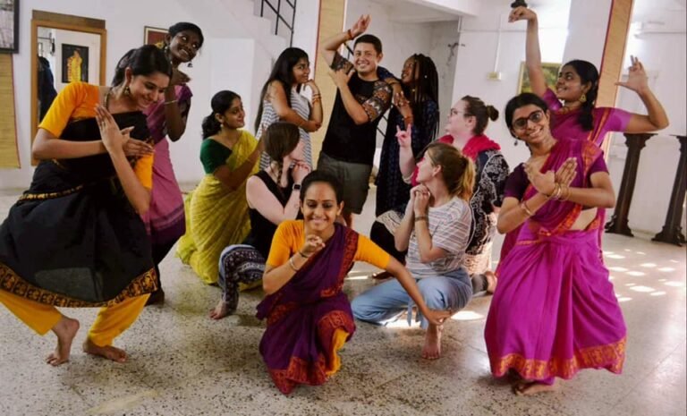 Students learn the classical dance form of Tamil Nadu-Bharatanatyam during a trip to India.