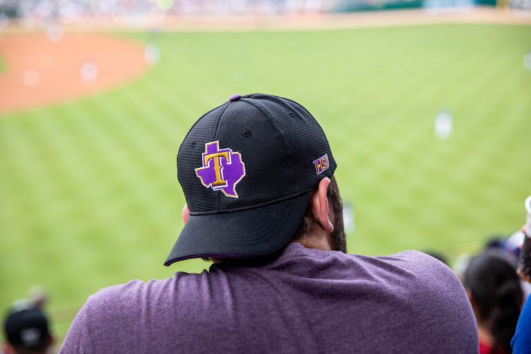 Dylan Harrell sports the new HSU Texas Rangers hat.