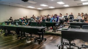 The main lecture hall in the PA building now holds up to fifty students, thanks to the new risers.