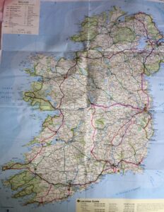 The pink line shows Dr. Patterson's travels around Ireland.