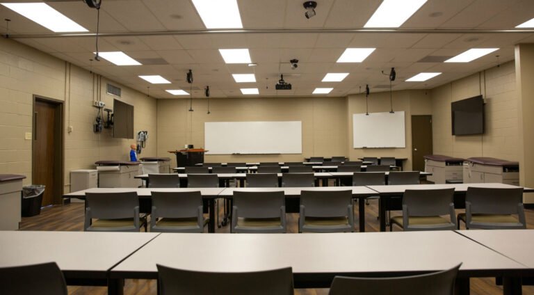 A renovated classroom in Mabee Hall