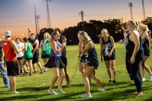 Greek club members participate in a four-way tug-o-war during the 2018 Greek Games.