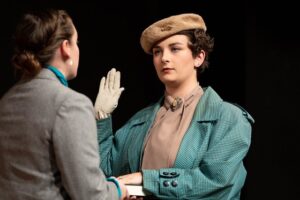 Recently, Van Ellis Theatre housed HSU's production of The Night of January 16th, an interactive mystery show. HSU senior Alyssa Anderson's character is sworn in as a witness during the show.