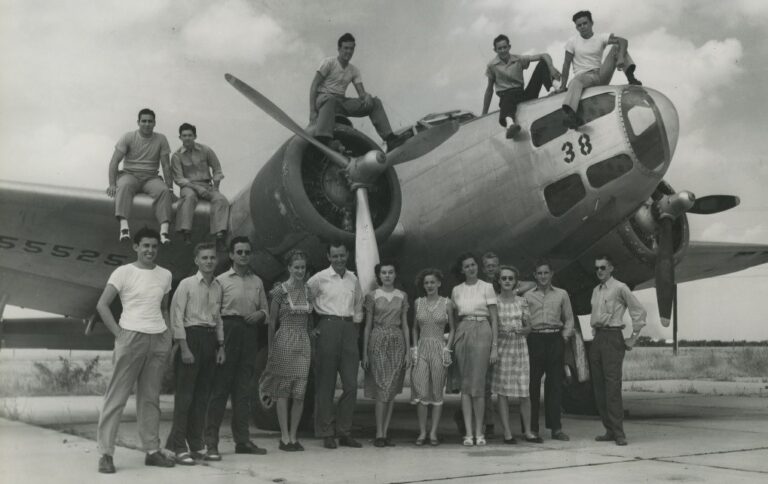 Members of HSU’s 1948 Aeronautics Club pose with one of their aircraft at Abilene Airfield.