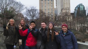BSM students participate in several mission trips each year. Here, BSM students show their HSU spirit during a mission trip to New York City.