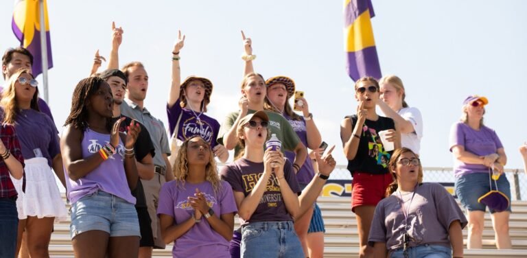 Students cheer at a football game.