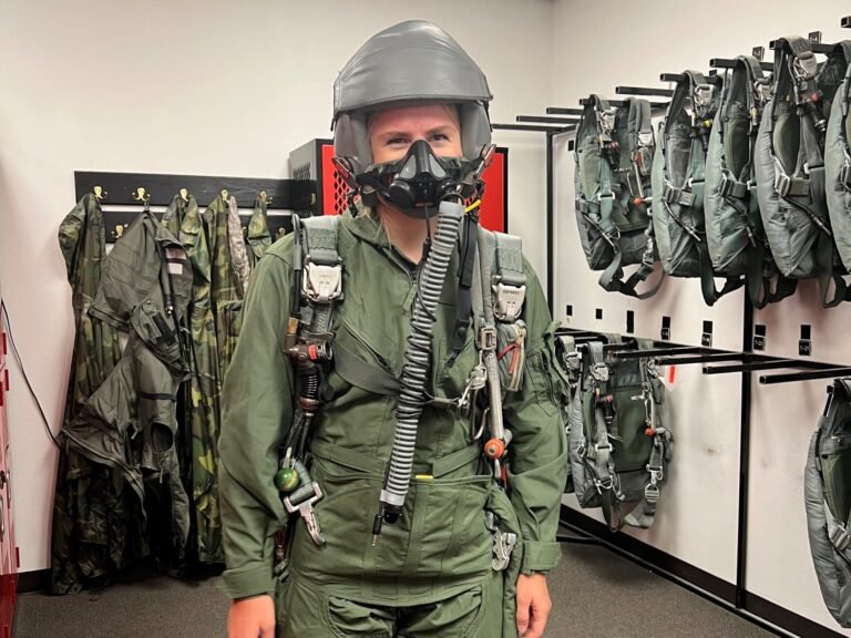 Jamie Talley in a G-Suit fitting at Beale AFB.