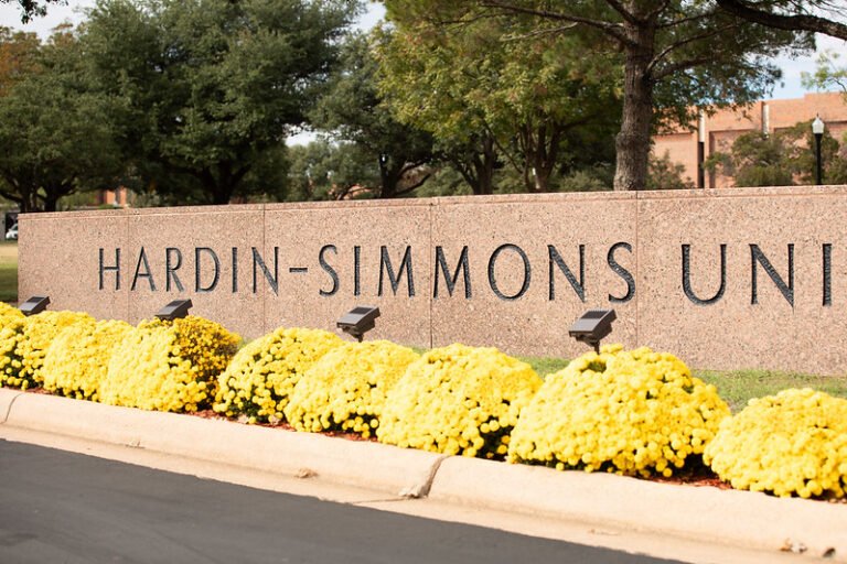 Hardin-Simmons University sign with yellow mums.