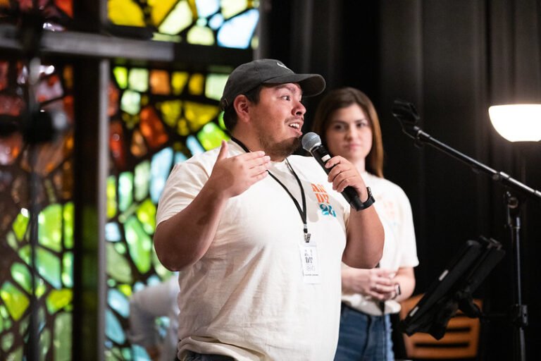 Manny Silva shares the message during worship in Logsdon Chapel during ANDY24.