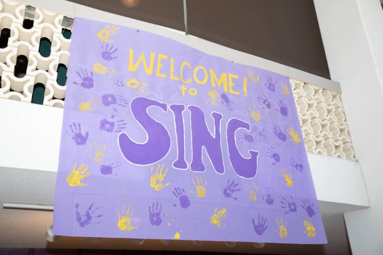 SING! 2024 Banner hanging in Behrens Chapel Auditorium