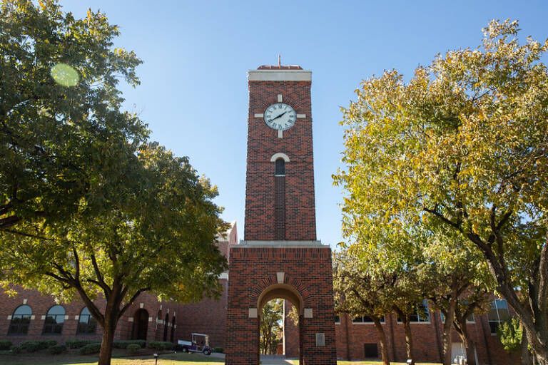 The clocktower standing tall with lots of greenery around.