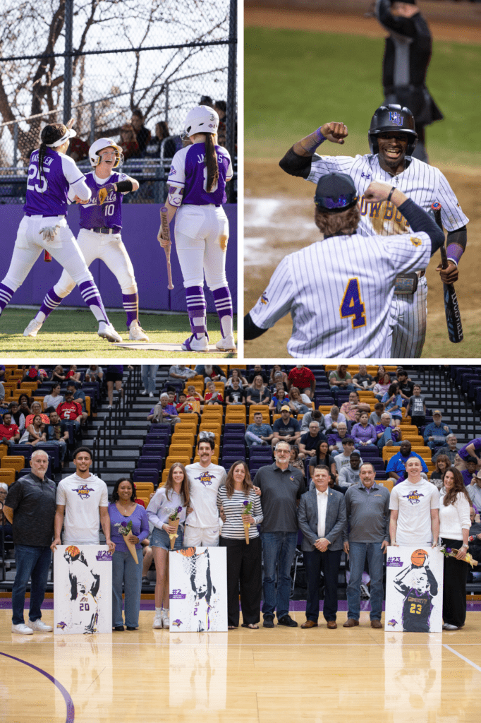 HSU Athletics in the month of February 2025 featuring softball, baseball and men's senior night for basketball. 