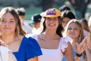 Female student with an HSU beanie on