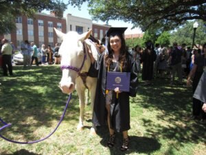 Student smiling with cap and gown on a lawn with a horse.