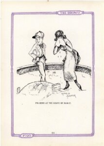 Page from the 1920 Yearbook, a cartoon of two students mourning at Dam-it's grave